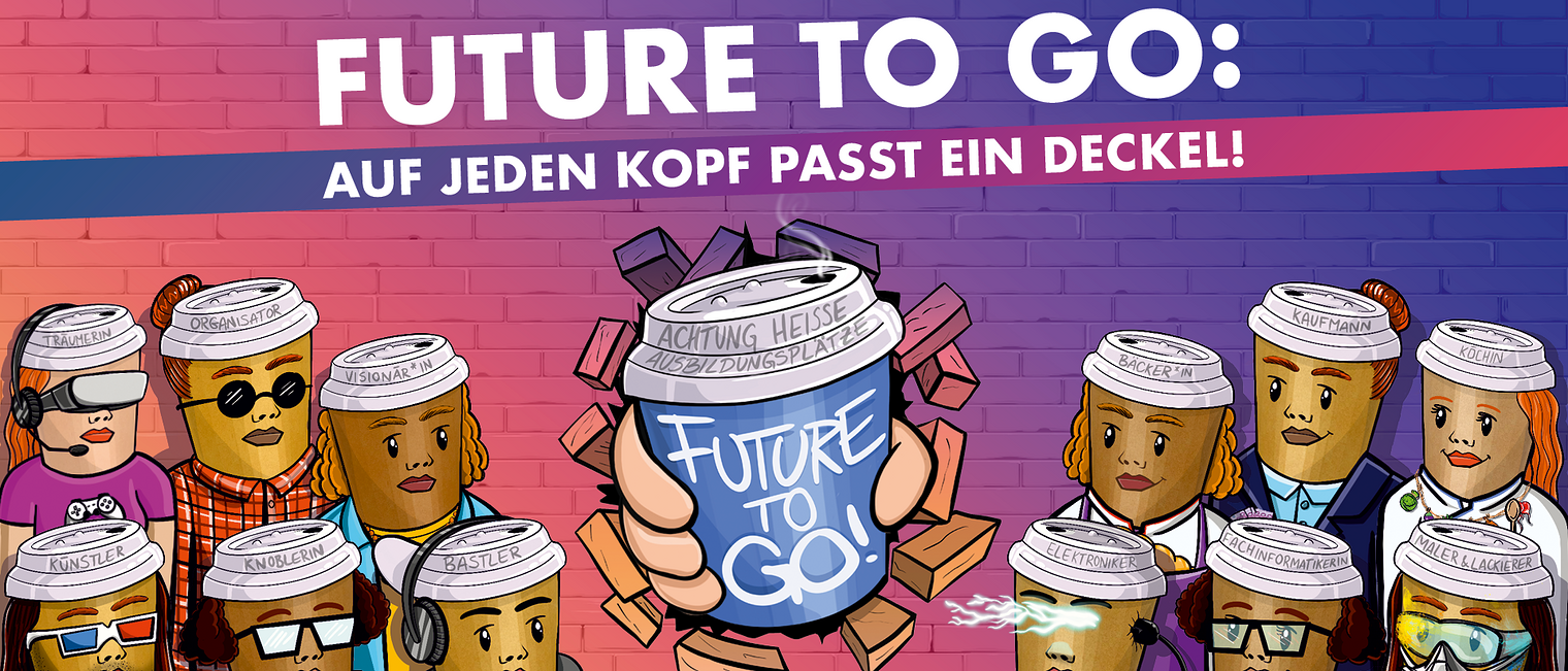 Future to go: Auf jeden Kopf passt ein Deckel. Figuren im Comicstil in verschiedenen Berufsoutfits.