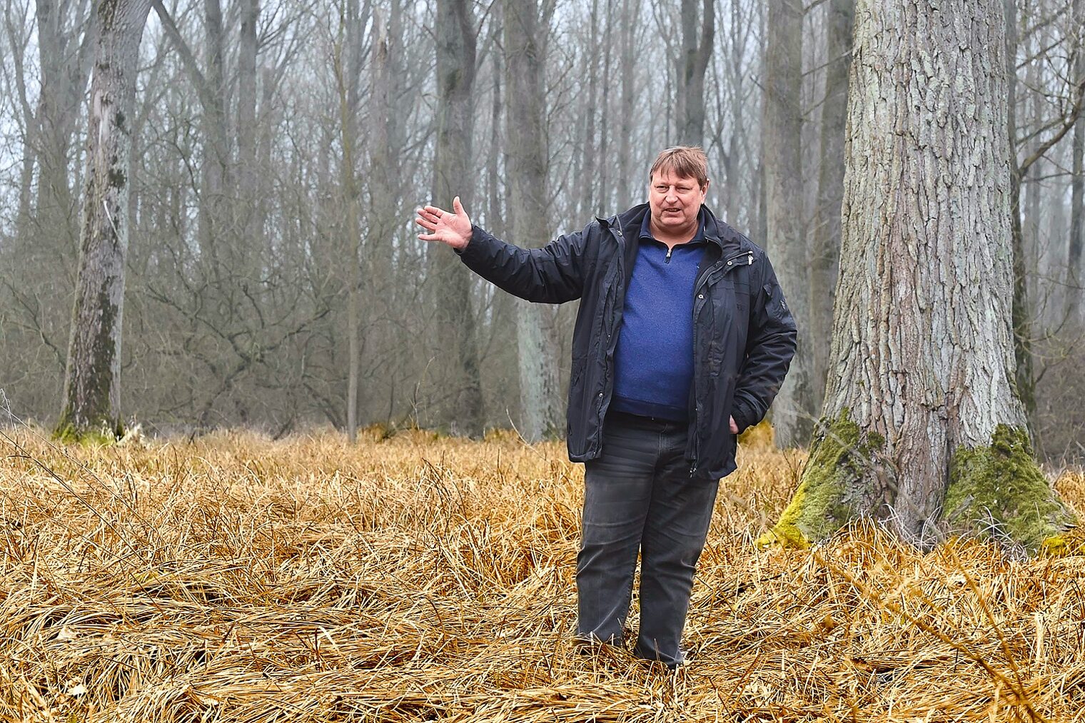 Tischler Michael Hündgen steht im Waldgebiet in der Nähe seines Betriebes.