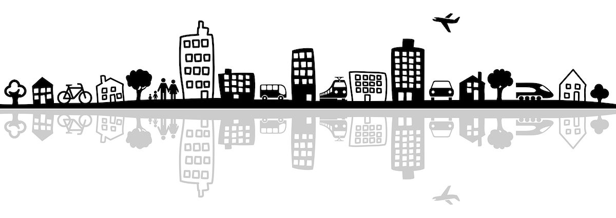 stadt, haus, gebäude, hochhaus, silhouette, skyline, verkehr, wohnen, bus, zug, flugzeug, auto, fahren, stadtverkehr, nahverkehr, menschen, einkaufen, mobilität, wohnung, immobilie, park, häuser, grafik, straßenbahn, fahrrad, anbindung, leben, eigenheim, eigentumswohnung, kauf, großstadt, city, kleinstadt, auto, baum, garten