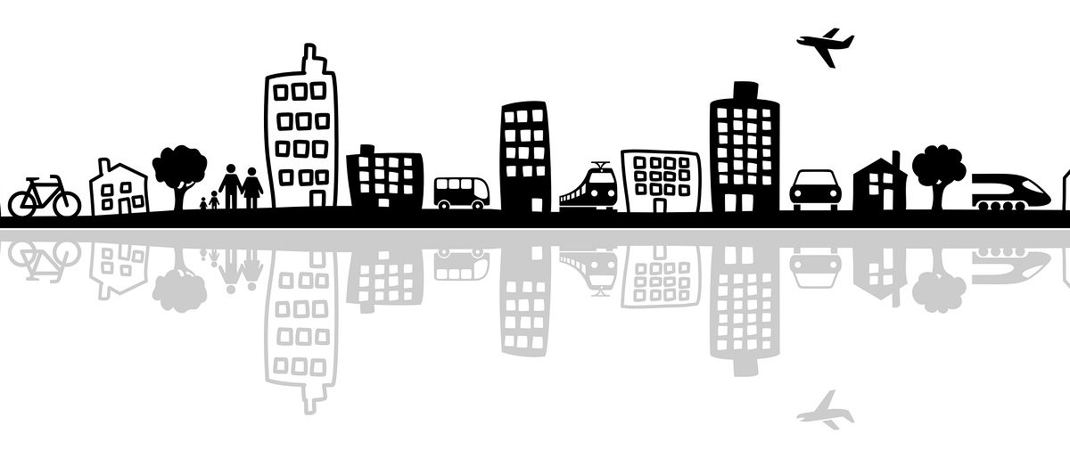 stadt, haus, gebäude, hochhaus, silhouette, skyline, verkehr, wohnen, bus, zug, flugzeug, auto, fahren, stadtverkehr, nahverkehr, menschen, einkaufen, mobilität, wohnung, immobilie, park, häuser, grafik, straßenbahn, fahrrad, anbindung, leben, eigenheim, eigentumswohnung, kauf, großstadt, city, kleinstadt, auto, baum, garten