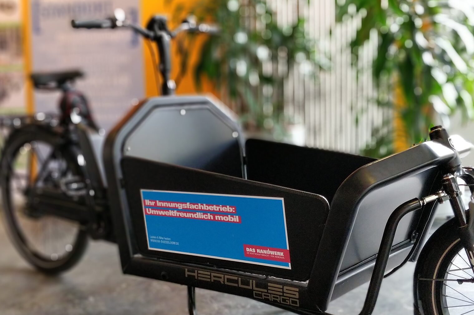 Ein Lastenrad steht als Schaustück in einem Raum