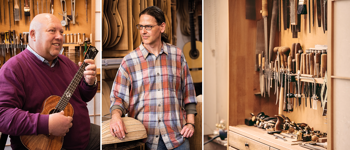 Musiker Frank Gerstmeier (li.) und Zupfinstrumentenmachermeister Thorsten Sven Lietz in der Werkstatt des Gitarrenbauers in Essen. (v.l.n.r.) Musiker Frank Gerstmeier mit Ukulele, Zupfinstrumentenmachermeister Thorsten Sven Lietz, Werkzeug in der Gitarrenbauerwerkstatt