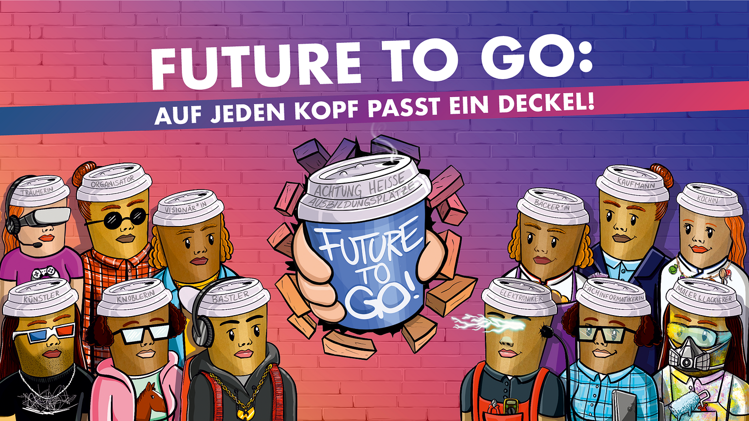 Future to go: Auf jeden Kopf passt ein Deckel. Figuren im Comicstil in verschiedenen Berufsoutfits.