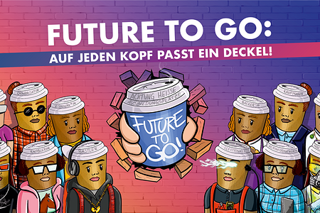 Future to go: Auf jeden Kopf passt ein Deckel. Figuren im Comicstil in verschiedenen Berufsoutfits.