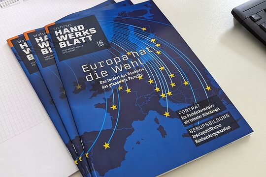 Titelseite des Magazins Deutsches Handwerksblatt mit Aufruf zur Europawahl