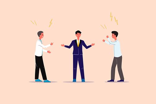 Illustration von drei Personen, von denen zwei sich streiten. Die Person in der Mitte versucht zu schlichten.