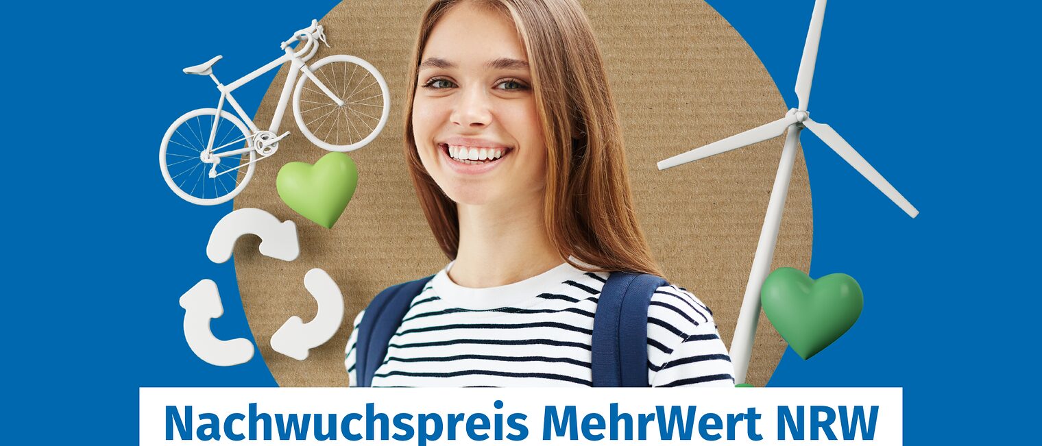 Frau mit Symbolen für Windrad, Recycling und Fahrrad, Text: Nachwuchspreis Mehrwert NRW