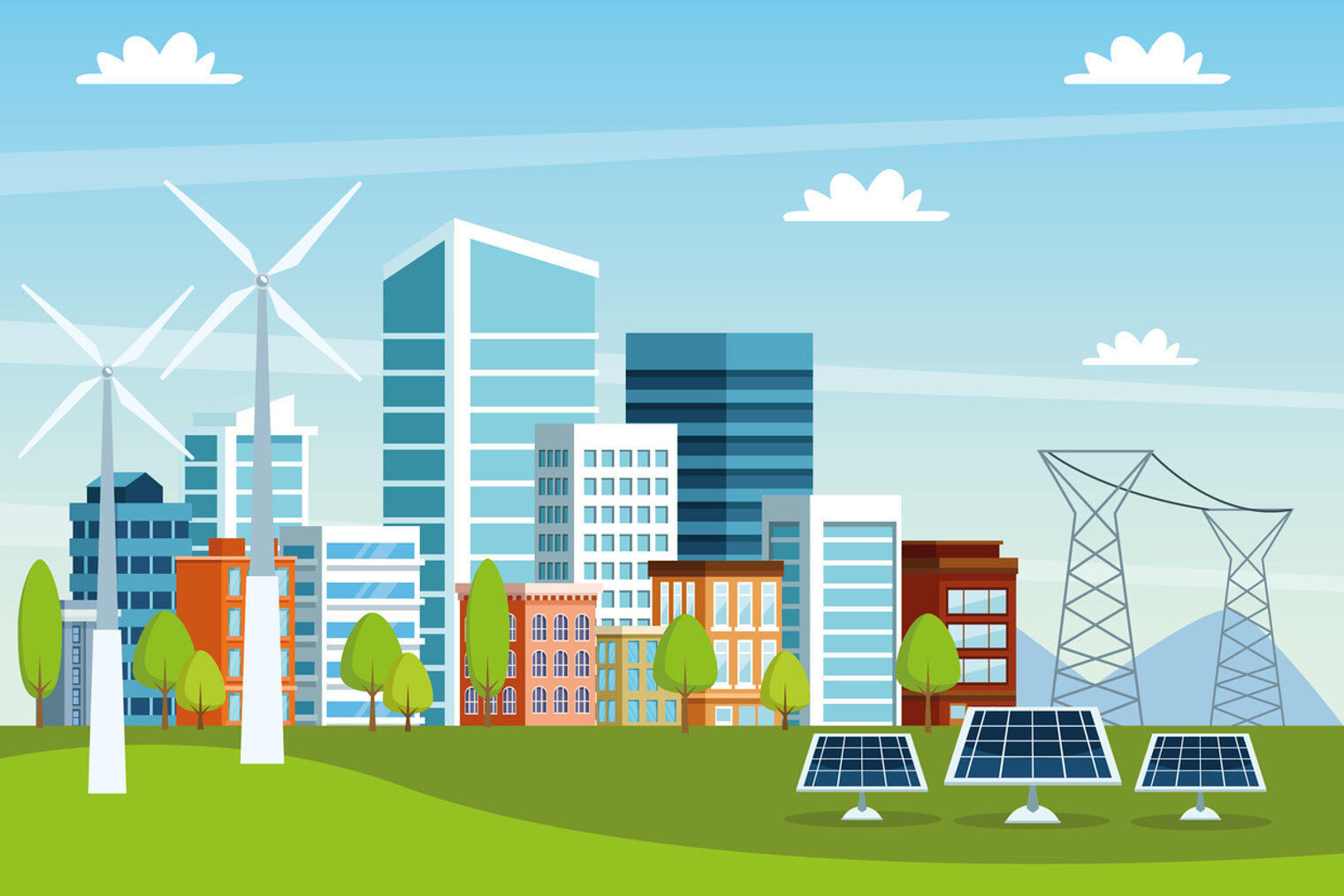 Illustration einer Stadt-Skyline mit Windenergie-Anlagen und Solarpanels