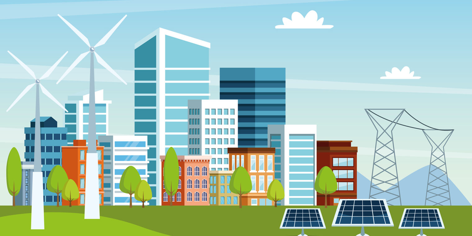 Illustration einer Stadt-Skyline mit Windenergie-Anlagen und Solarpanels