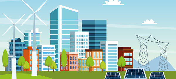 Illustration einer Stadt-Skyline mit Windenergie-Anlagen und Solarpanels