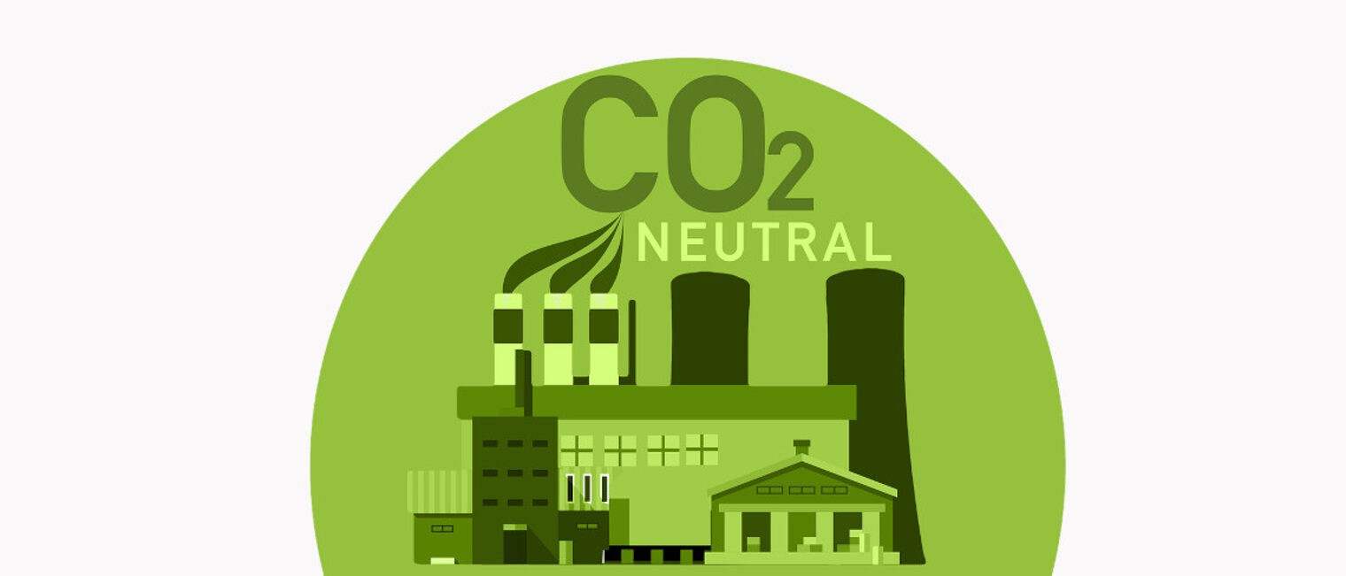 Grüner Halbkreis, darin abgebildet sind die Worte CO2 Neutral und eine Fabrik