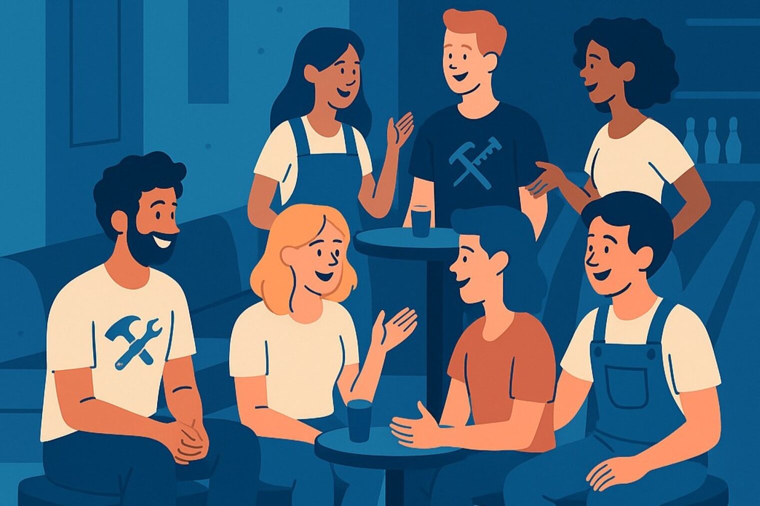 Illustration einer Gruppe von 7 Personen, die sich angeregt unterhalten. Im Hintergrund eine Kegelbahn.