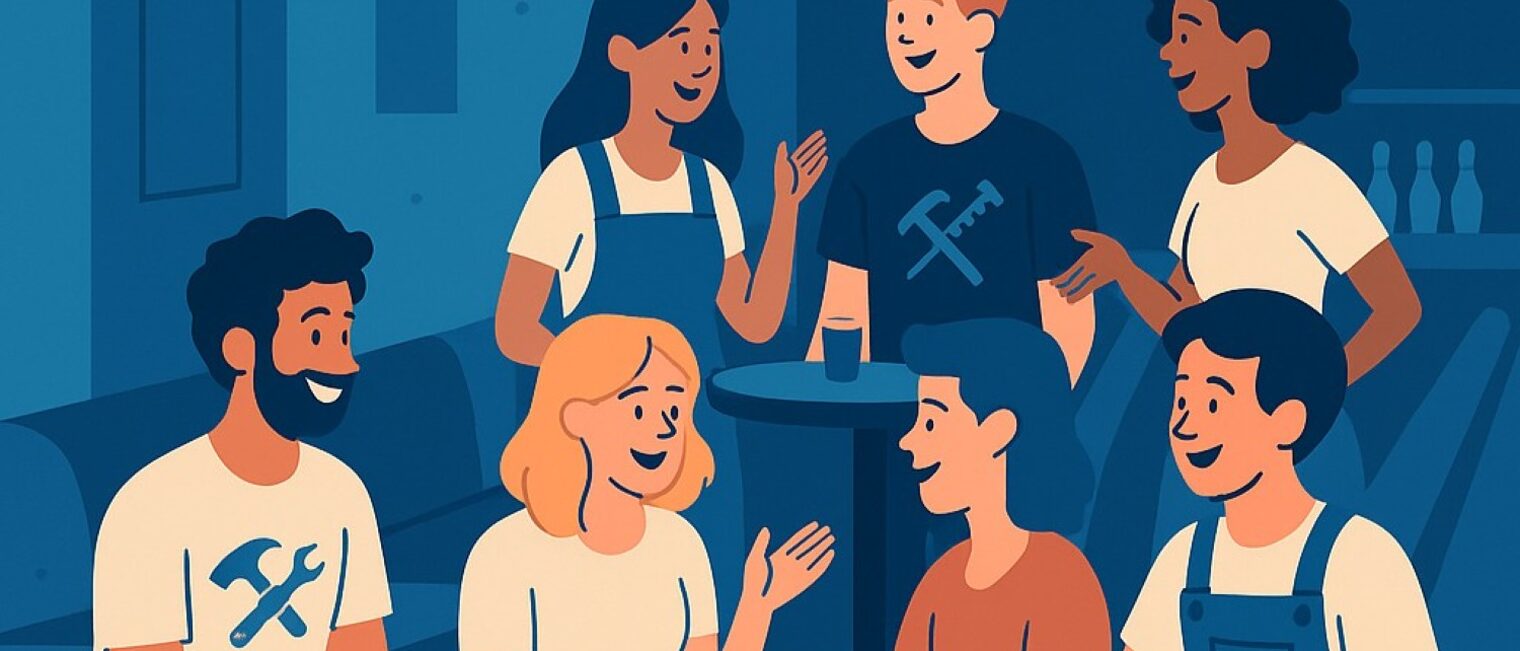 Illustration einer Gruppe von 7 Personen, die sich angeregt unterhalten. Im Hintergrund eine Kegelbahn.