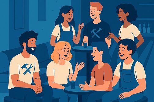 Illustration einer Gruppe von 7 Personen, die sich angeregt unterhalten. Im Hintergrund eine Kegelbahn.
