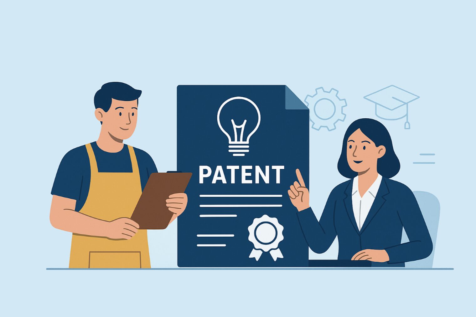 Illustration eines Handwerkers und einer Rechtsbeauftragten. Zwischen beiden Personen befindet sich eine Patenturkunde.