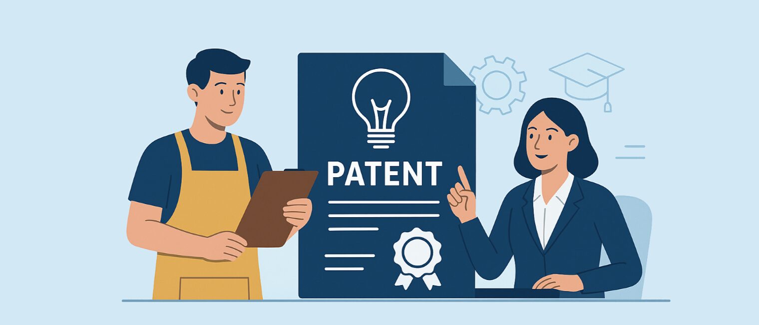 Illustration eines Handwerkers und einer Rechtsbeauftragten. Zwischen beiden Personen befindet sich eine Patenturkunde.