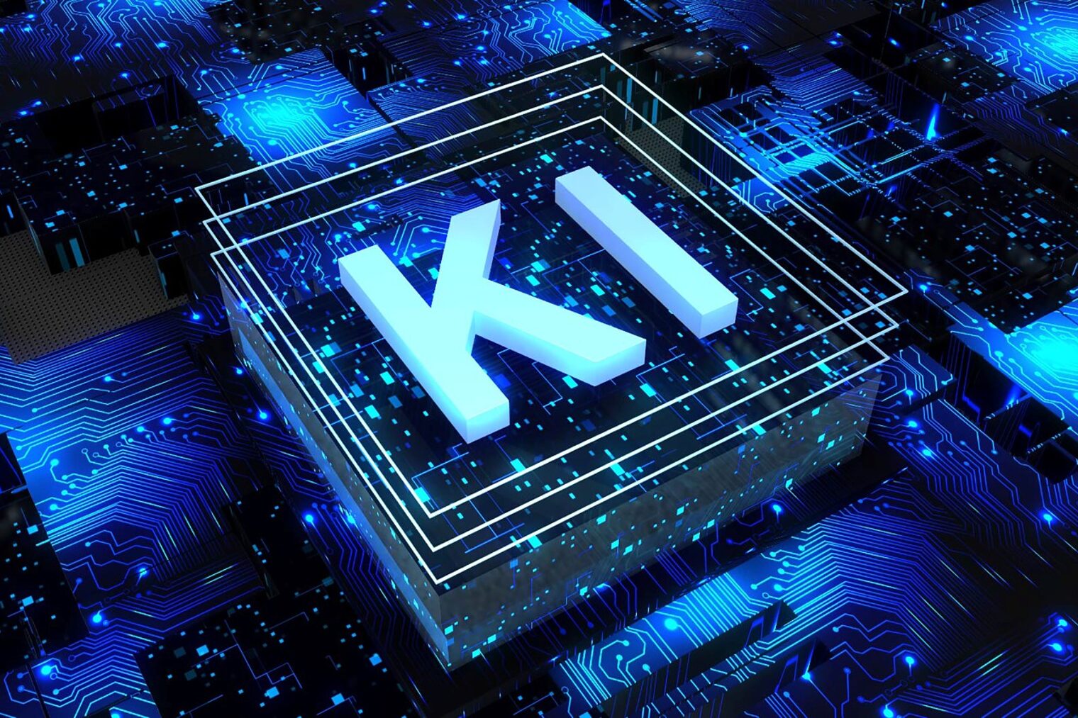Abstrakter Computer-Chip auf Leiterplatte und mit den Buchstaben KI