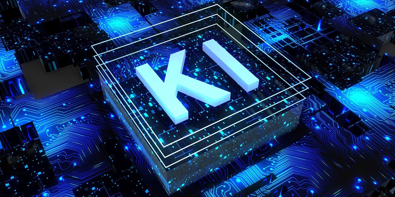 Abstrakter Computer-Chip auf Leiterplatte und mit den Buchstaben KI