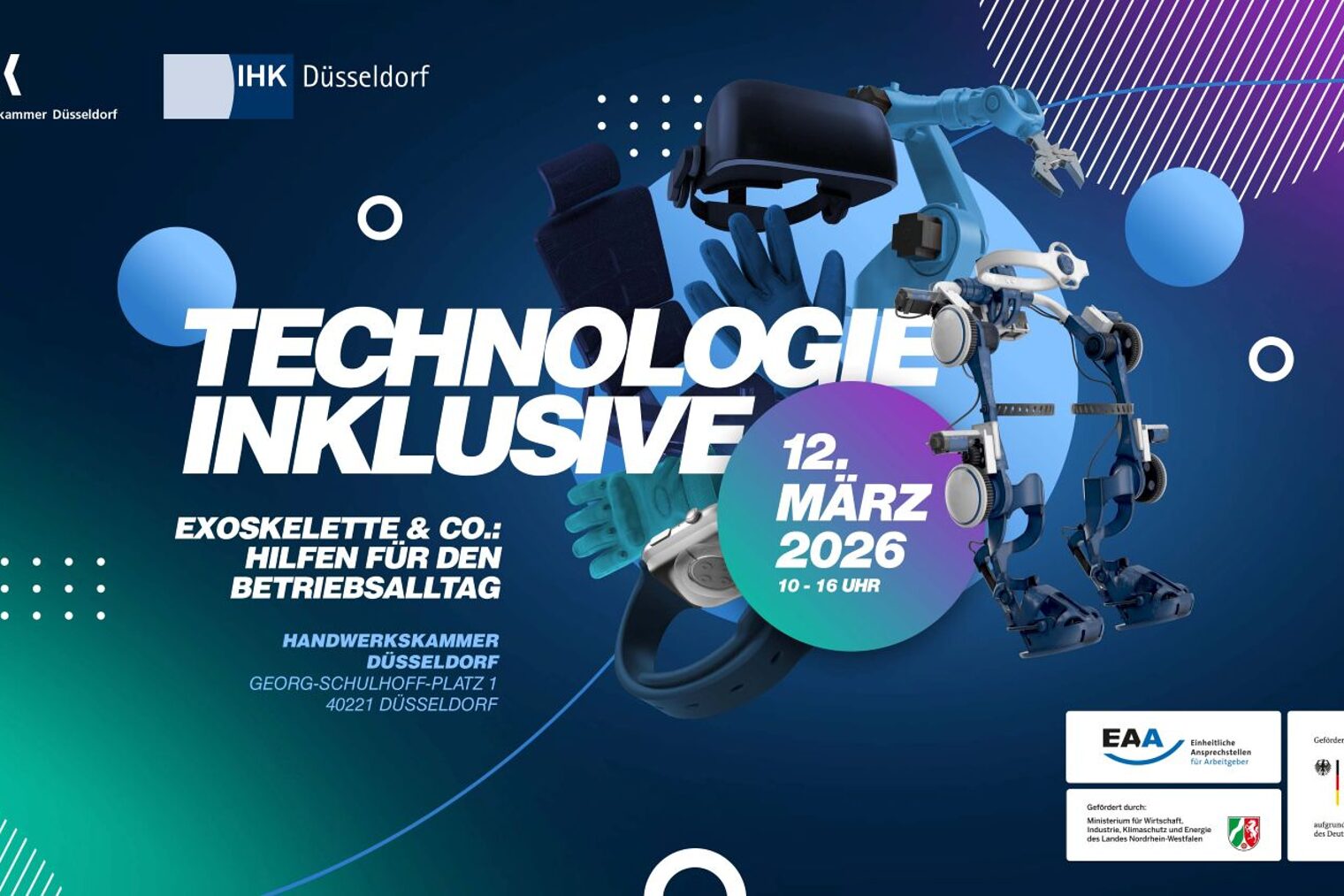 Illustration eines Exoskeletts mit Text "Technologie inklusive" und Datumsangabe 12. März 2026