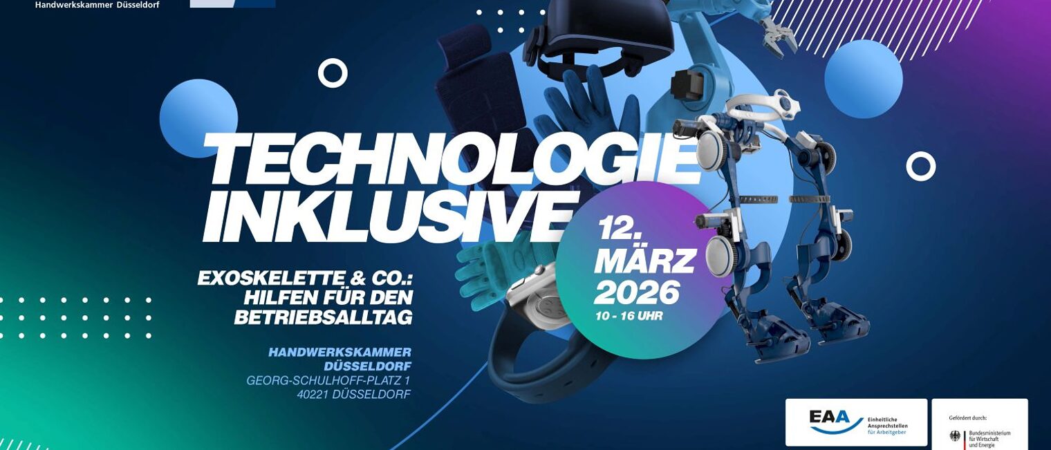 Illustration eines Exoskeletts mit Text "Technologie inklusive" und Datumsangabe 12. März 2026