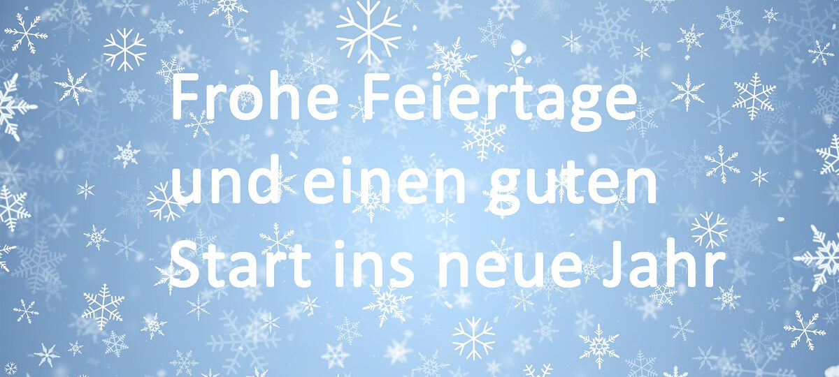 Illustration von vielen Schneeflocken mit Text "Frohe Feiertage und einen guten Start ins neue Jahr"