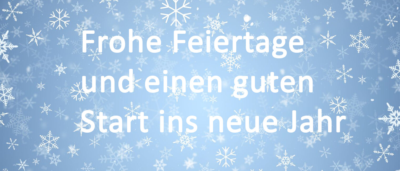 Illustration von vielen Schneeflocken mit Text "Frohe Feiertage und einen guten Start ins neue Jahr"