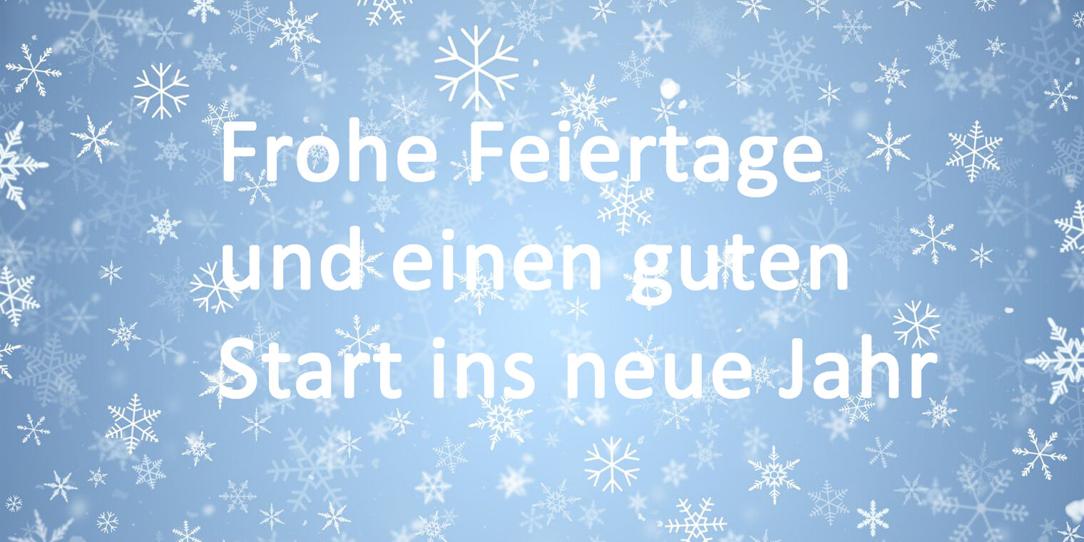 Illustration von vielen Schneeflocken mit Text "Frohe Feiertage und einen guten Start ins neue Jahr"