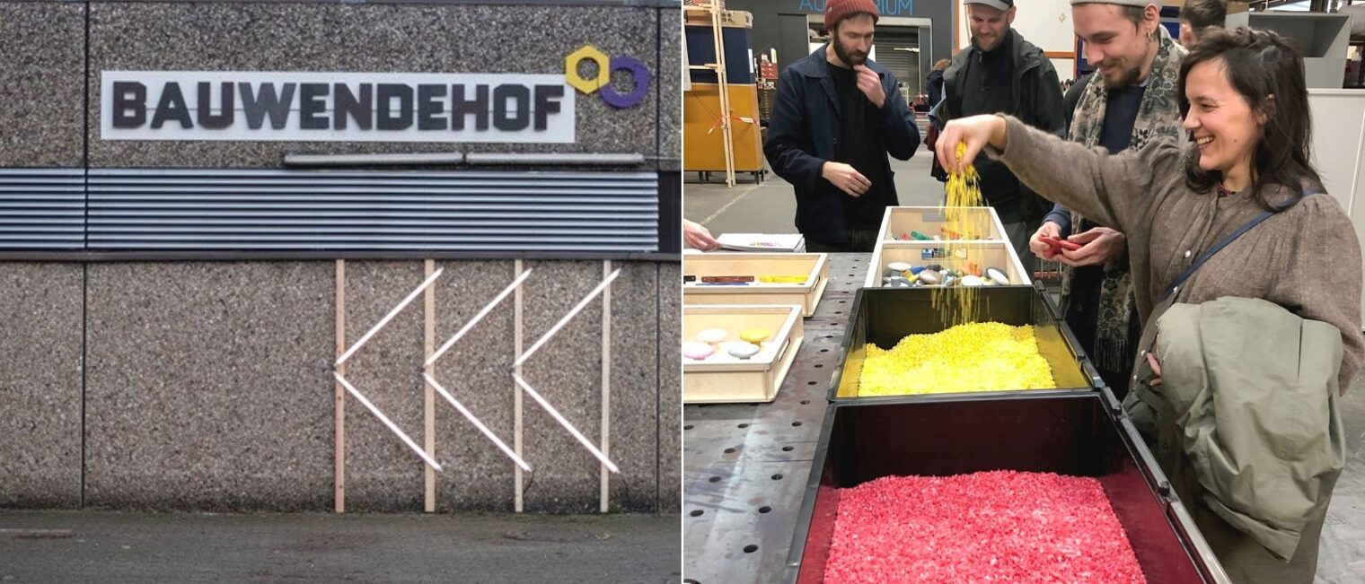 2-teiliges Foto: Links Außenansicht mit Schild "Bauwendehof", rechts Besucher an Granulattrögen.