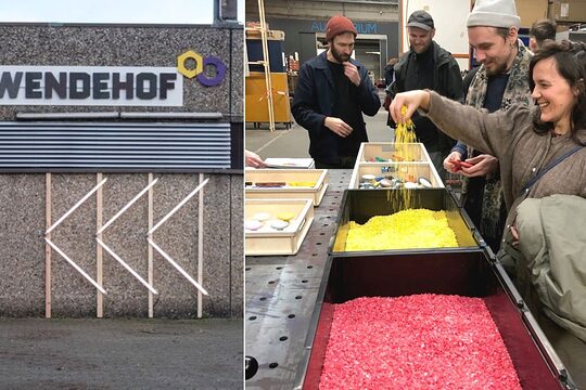 2-teiliges Foto: Links Außenansicht mit Schild "Bauwendehof", rechts Besucher an Granulattrögen.