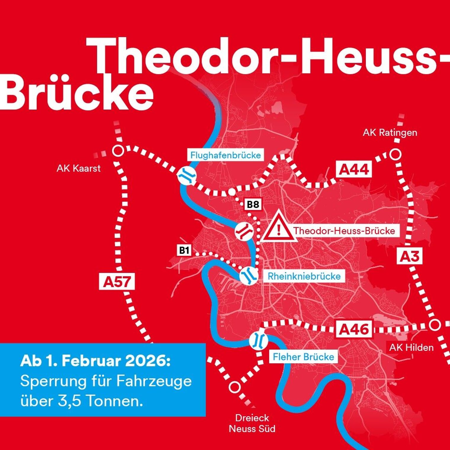 Illustration einer Karte mit Umfahrungen der Theodor-Heuss-Brücke in Düsseldorf