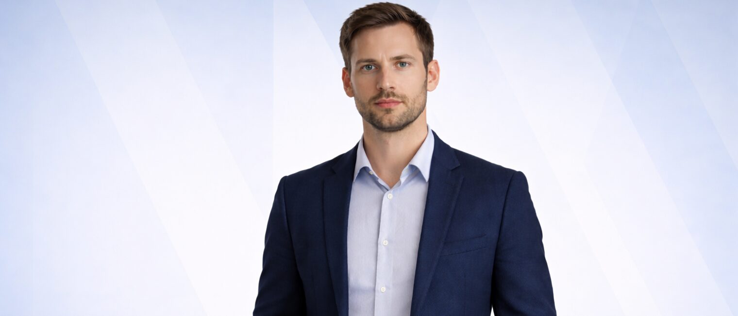 Ein junger Mann im Jacket blickt frontal in die Kamera. Das Bild ist ein Screenshot aus einem Video und stellt den Avatar dar.