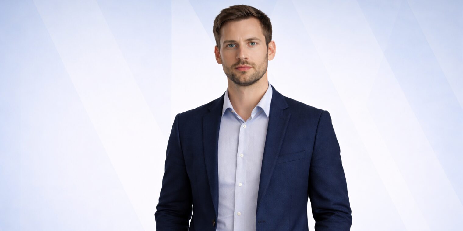 Ein junger Mann im Jacket blickt frontal in die Kamera. Das Bild ist ein Screenshot aus einem Video und stellt den Avatar dar.