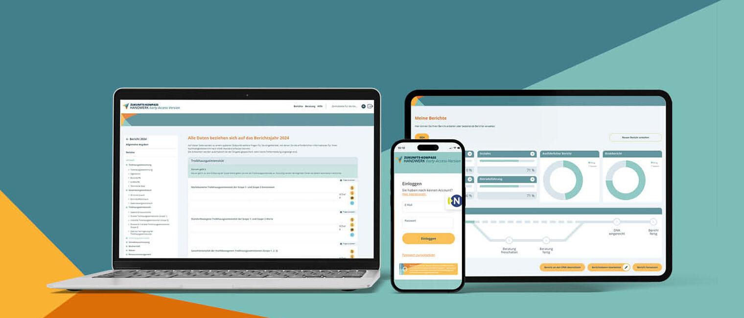 Mockup zum zur geräteübergreifenden Nutzung des digitalen Tools Zukunfts-Kompass Handwerk