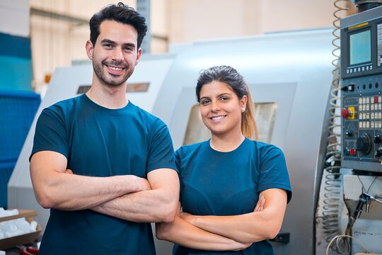 Porträt von lächelnden männlichen und weiblichen Mitarbeitern, die mit verschränkten Armen in der Werkstatt stehen