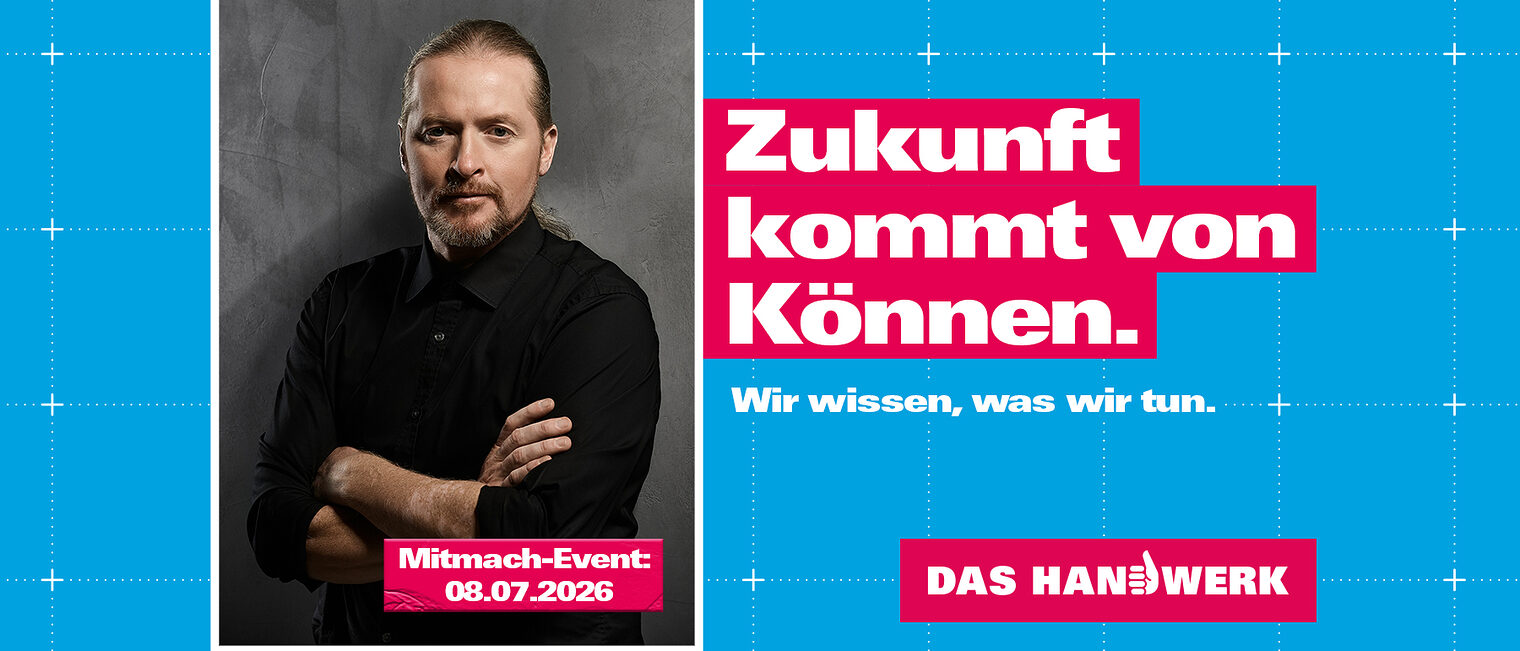 Portrait von Joey Kelly. Text: Zukunft kommt von Können. Wir wissen, was wir tun. Mitmach-Event 08.07.2026