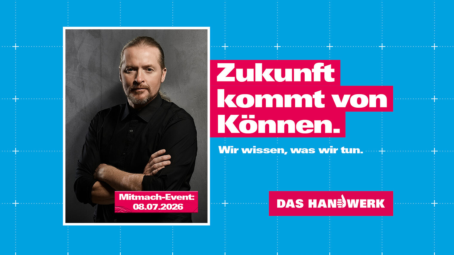 Portrait von Joey Kelly. Text: Zukunft kommt von Können. Wir wissen, was wir tun. Mitmach-Event 08.07.2026