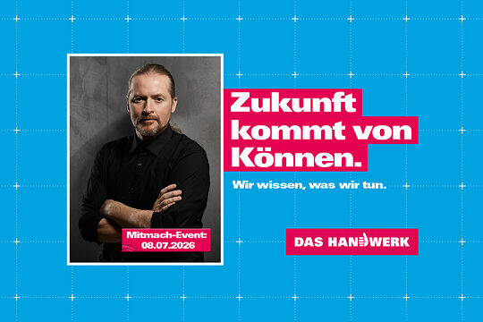 Portrait von Joey Kelly. Text: Zukunft kommt von Können. Wir wissen, was wir tun. Mitmach-Event 08.07.2026