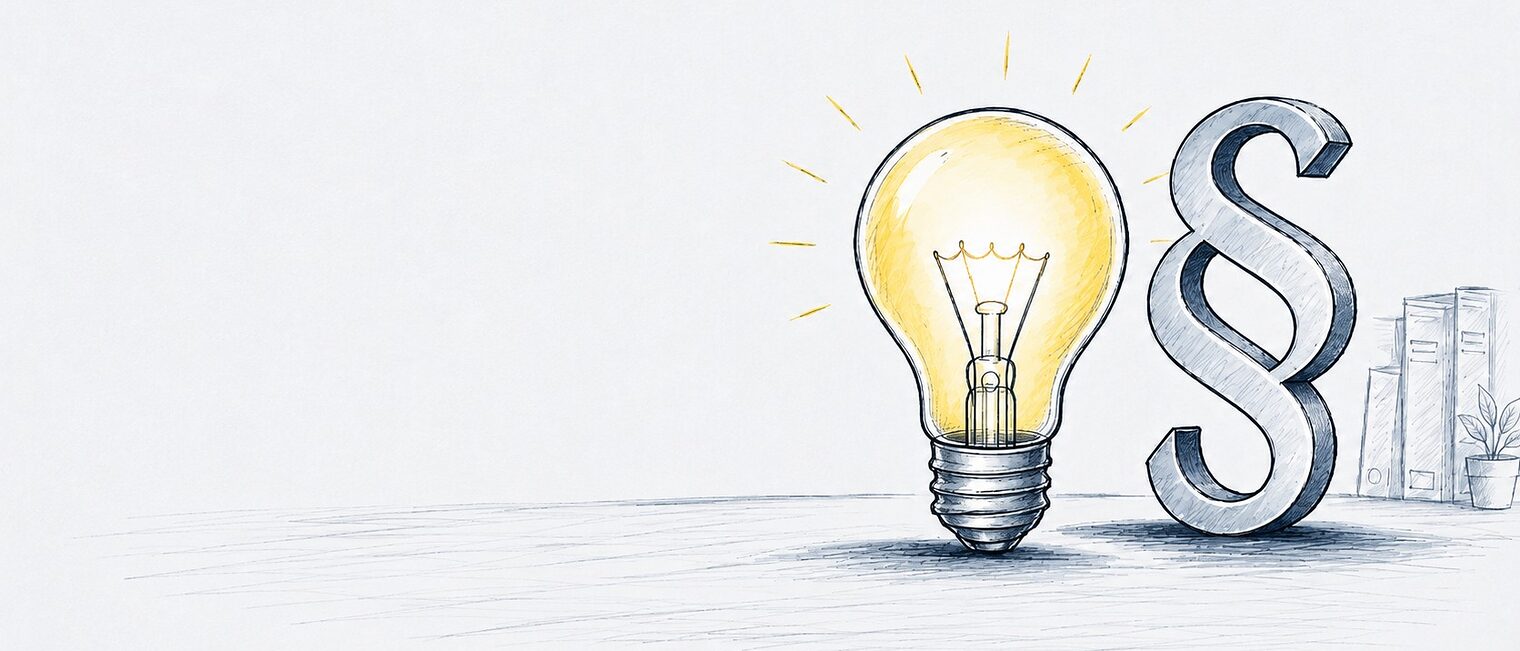 Illustration einer Glühbirne und des Paragraphenzeichens.