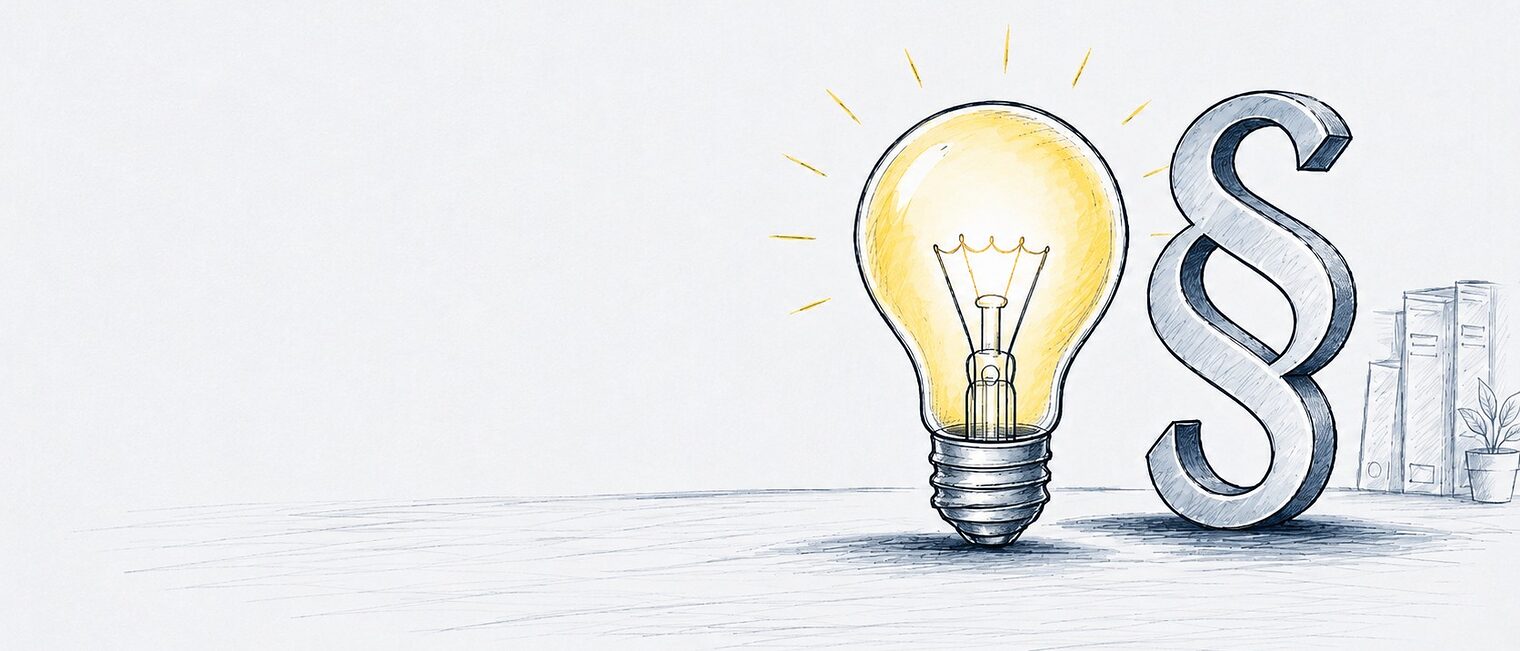 Illustration einer Glühbirne und des Paragraphenzeichens.