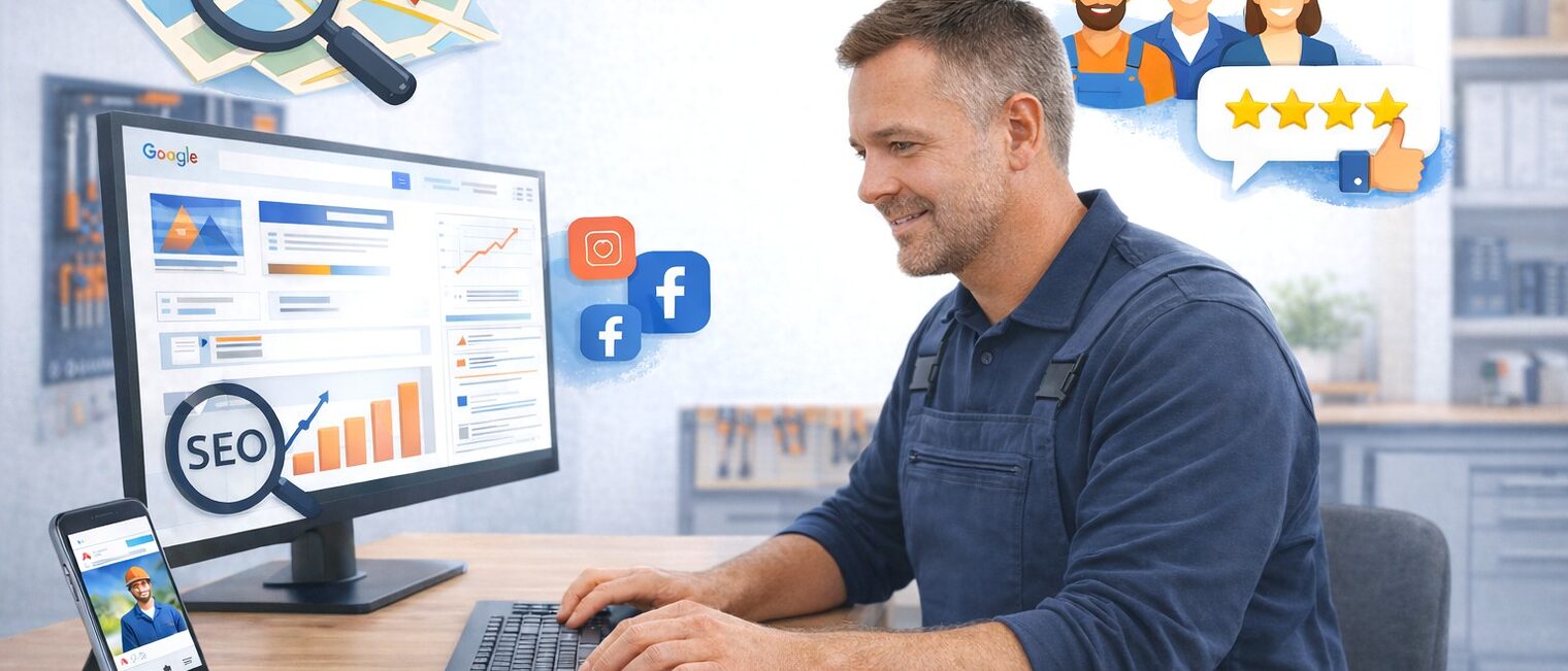 Ein Handwerker sitzt am Schreibtisch am Computer. Um ihn herum sind illustrierte Icons von digitalen Tools und Apps wie Instagram