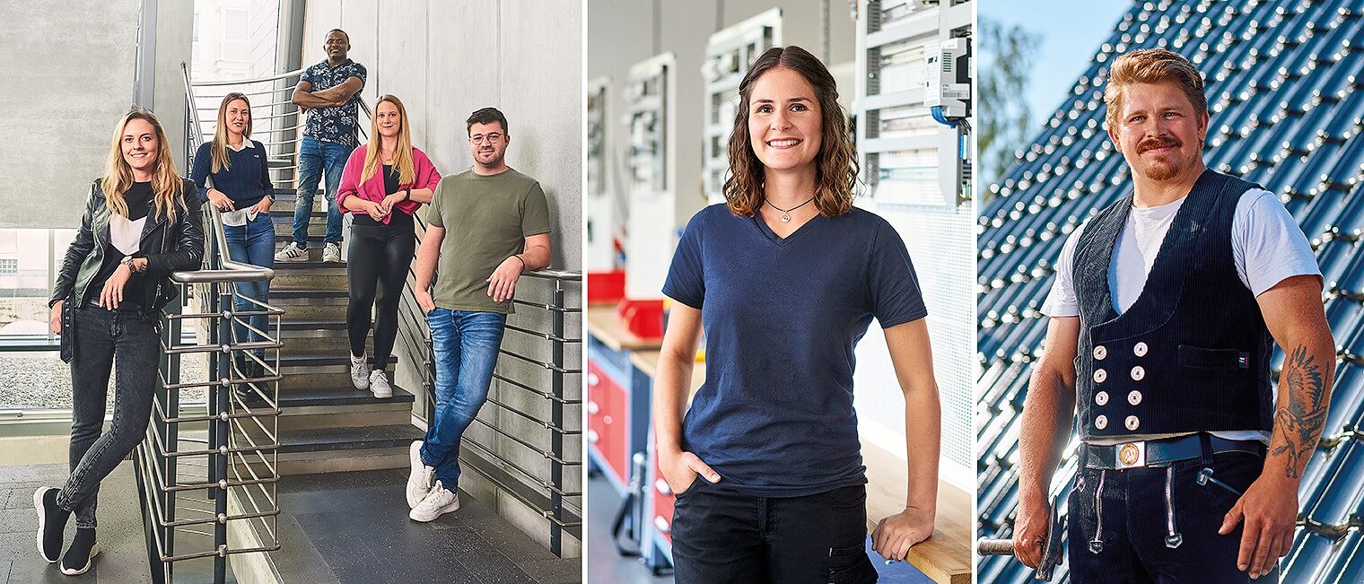 3-teiliges Bild: links 5 Meisterinnen und Meister auf einer Treppe, Mitte eine Elektrotechnikerin, rechts ein Dachdecker