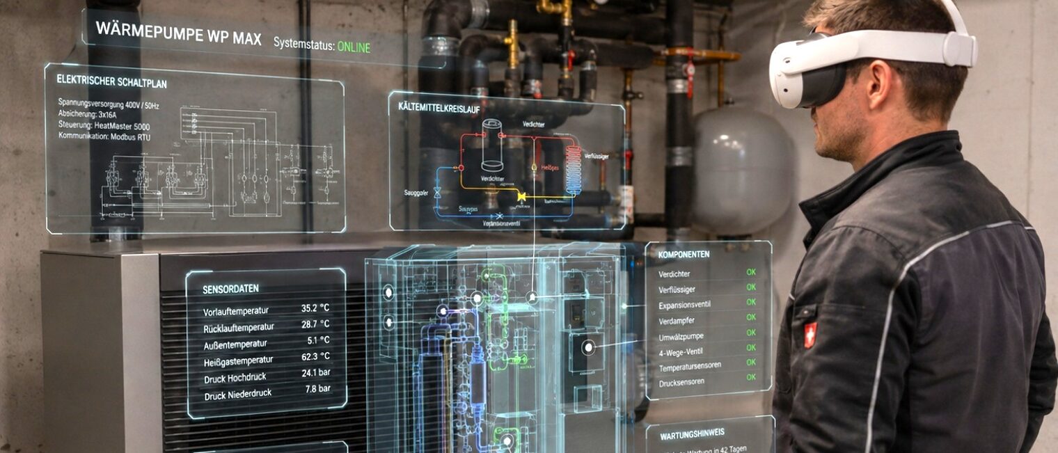 Ein Installateur schaut durch eine VR-Brille auf eine Wärmepumpe, die ihm Informationen liefert.
