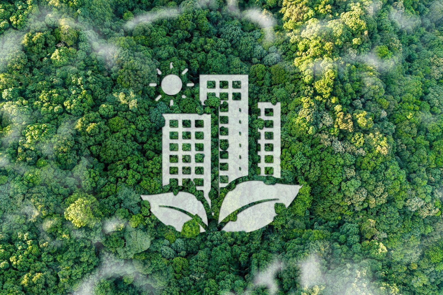 Zeichnung einer Gebäudeform inmitten purer Natur symbolisiert Nachhaltiges grünes Bauen.