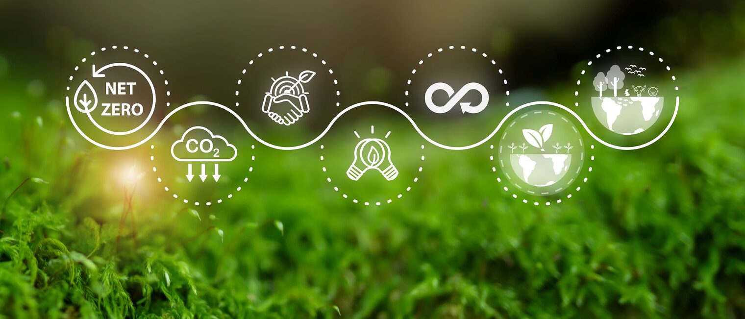 Virtuelle Icons vor einem Waldboden symbolisieren Kohlenstoffreduzierung, saubere Energie und Kreislaufwirtschaft