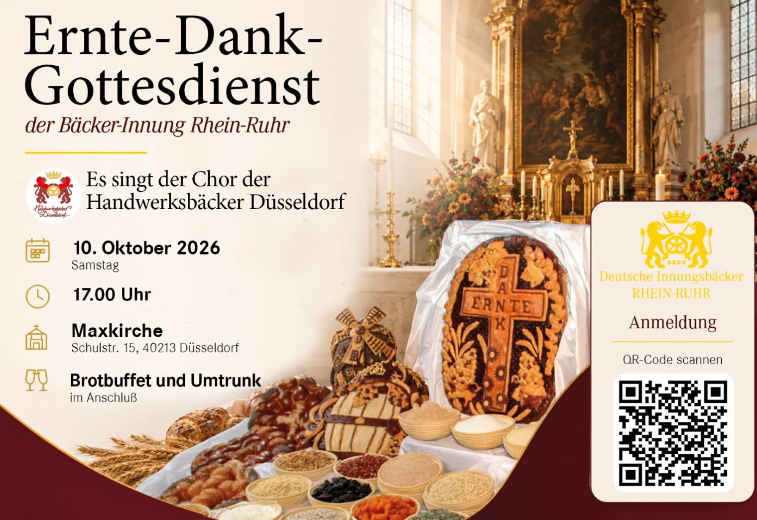Einladungsplakat für den Erntedank-Gottesdienst mit Foto von Brot und Kirche sowie QR-Code und Termindaten.